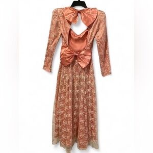 1980’s Gunne Sax Coral Lace Long Sleeve Dress with Satin Bows